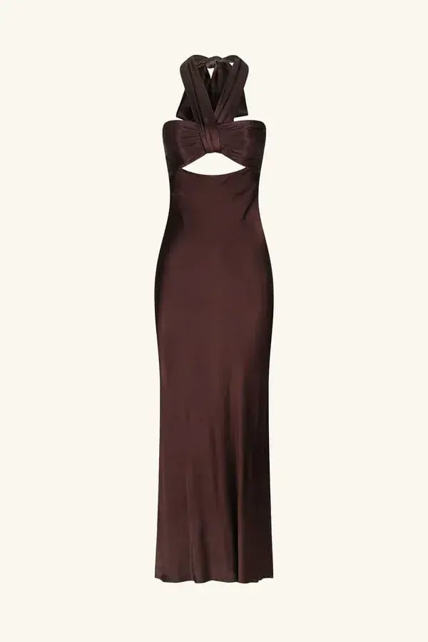 Shona Joy Lana Ruched Halter Midi Dress in Cocoa Size 14 photo 5