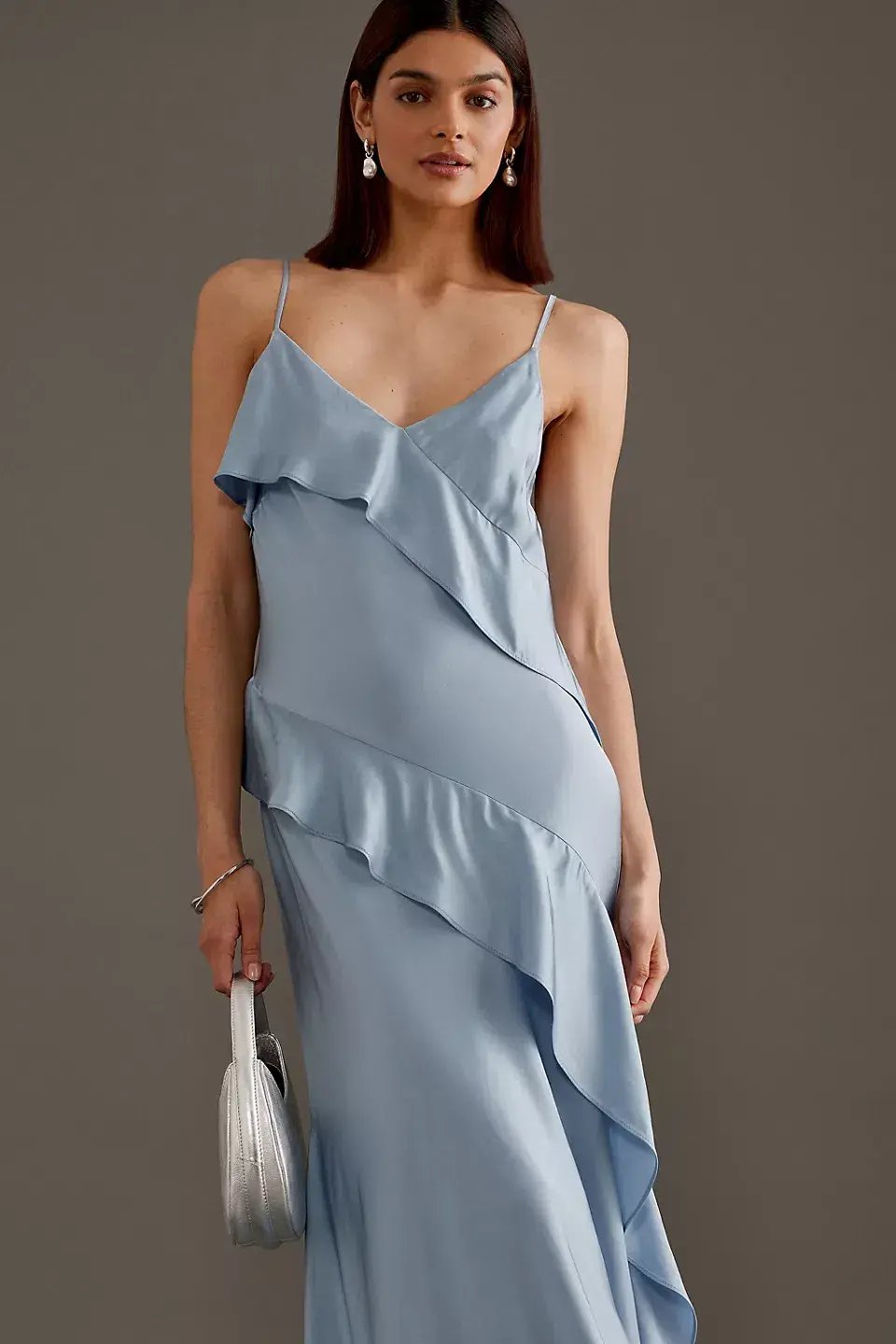 Anthropologie Asymmetric Ruffle Maxi Slip Dress Blue Size 10 photo 4