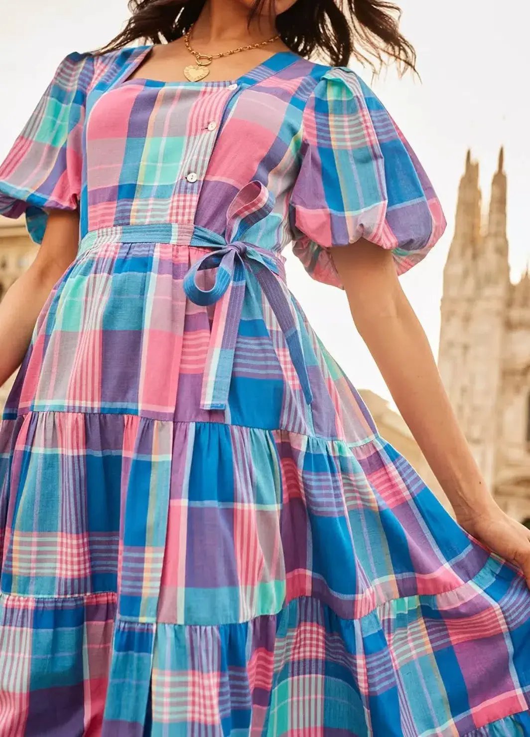 Bohemian Traders Midi Dress Blue/Pink Check Size 22 photo 2