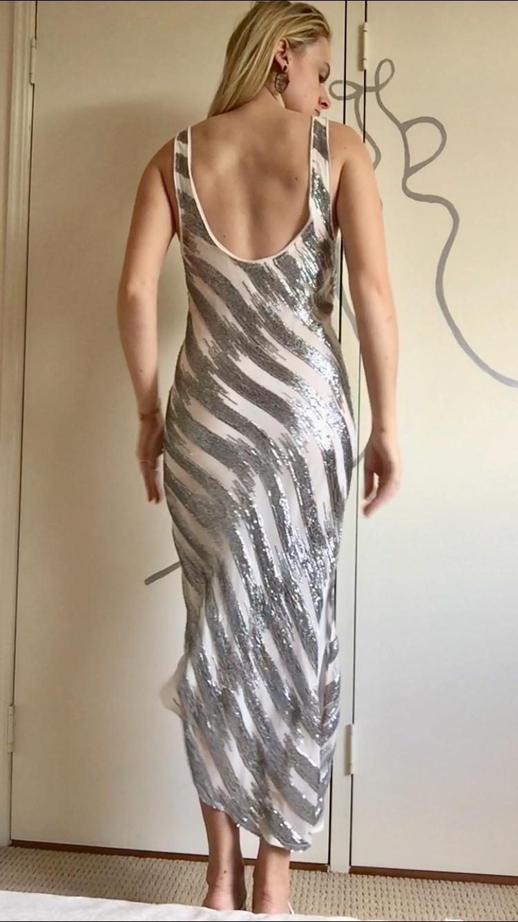 Manning Cartell Sequin Midi Plunging Dress Silver White Size 6 photo 6