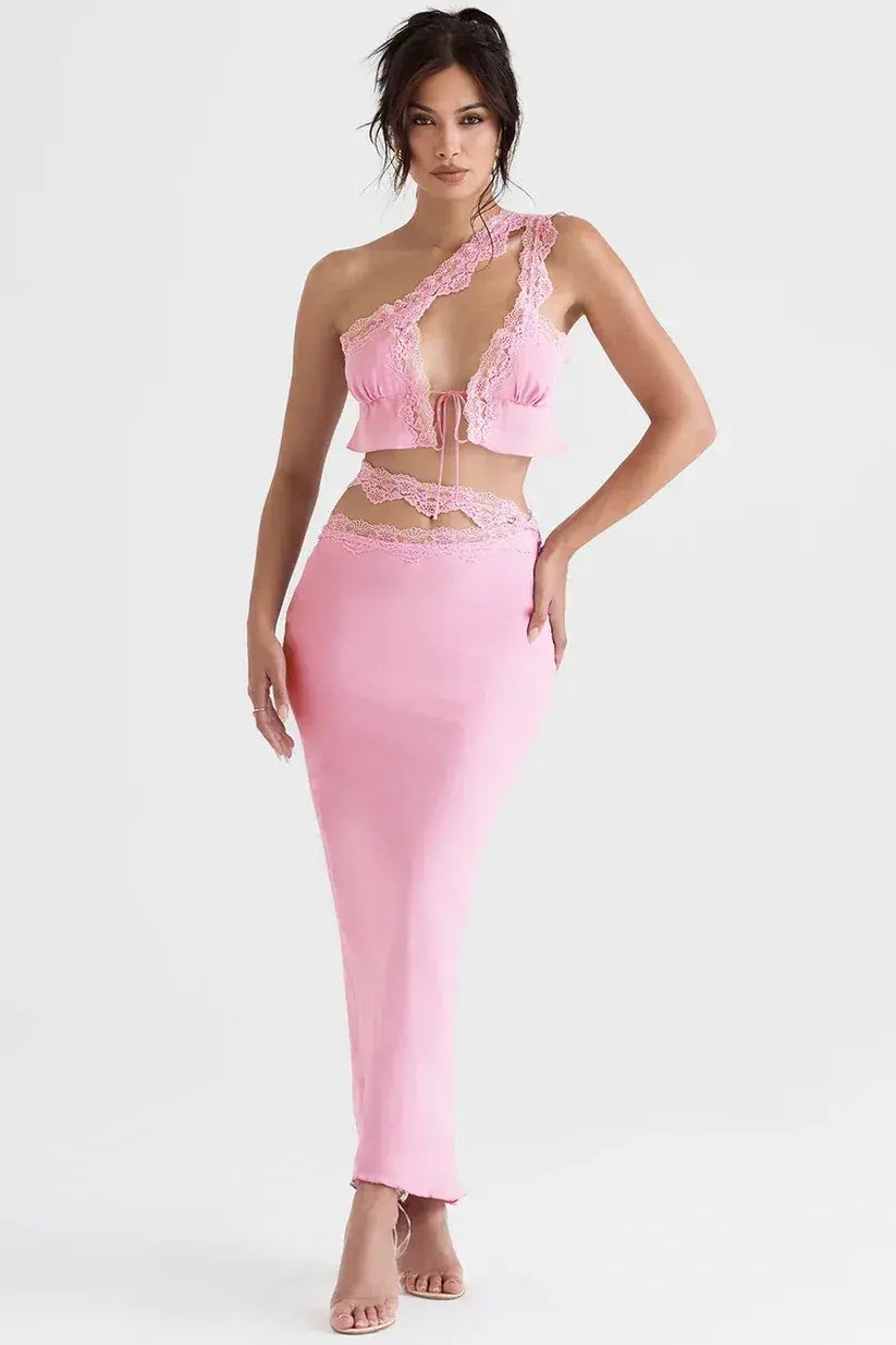 House of CB Lorena Floaty Cropped Top and Mathilda Lace Trim Skirt Set Pink Size 8 photo 4