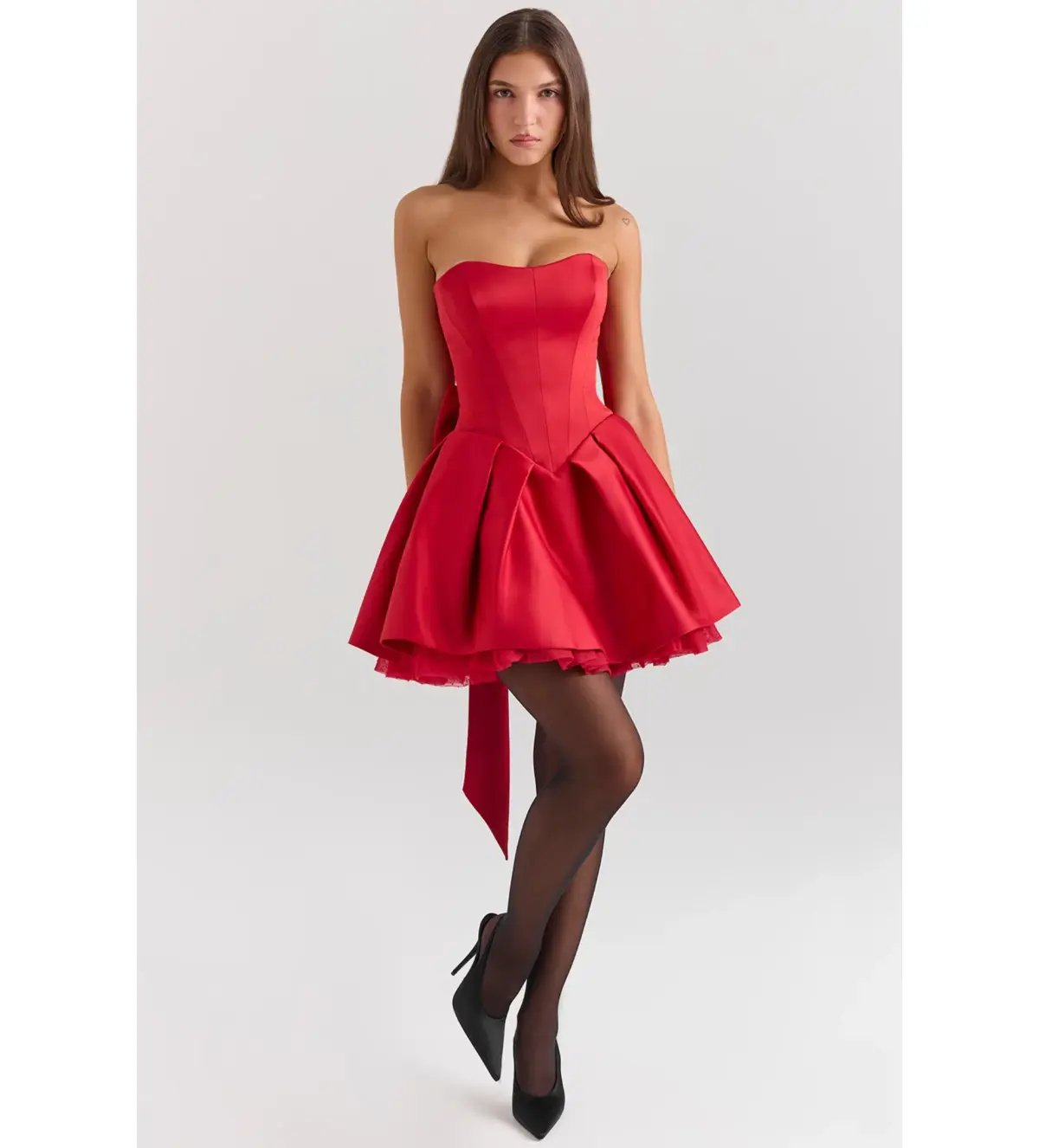 House Of CB Salome Satin Detachable Bow Mini Dress Holly Red Size L/AU 12 photo 2