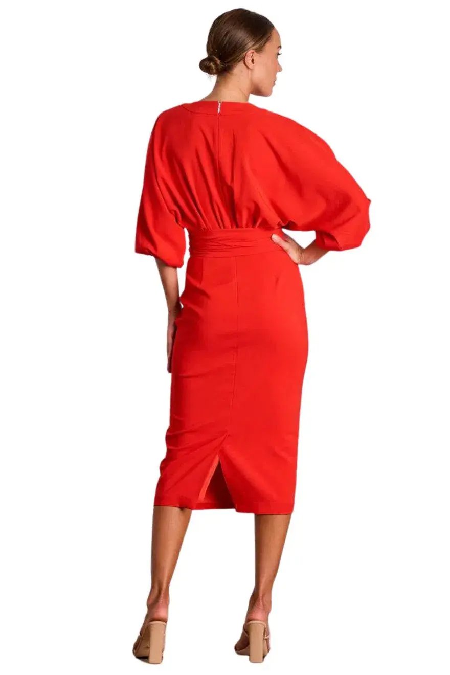 Pasduchas Emerson Drape Midi Dress Poppy Red Size 10 photo 3