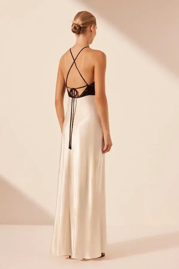 Shona Joy Lino Cross Back Halter Maxi Dress Cream Black Size 6 photo 4