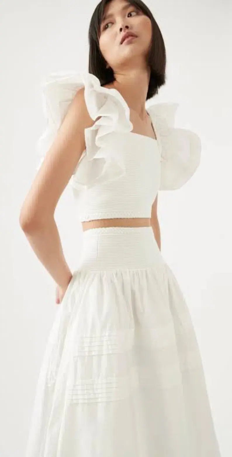 Aje Corinne Knit Bodice Crop Top and Rosalie Knit Waist Midi Skirt Set in Ivory Size XL / AU 16 photo 3