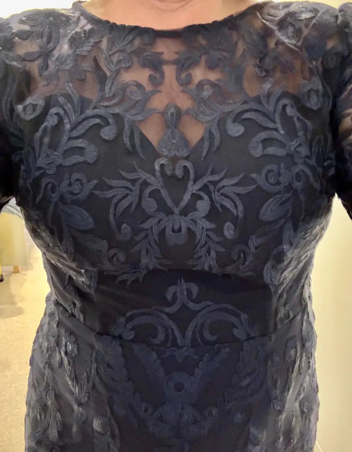Formal Gown by Bariano Navy Lace 3/4 sleeves tapered length photo 2