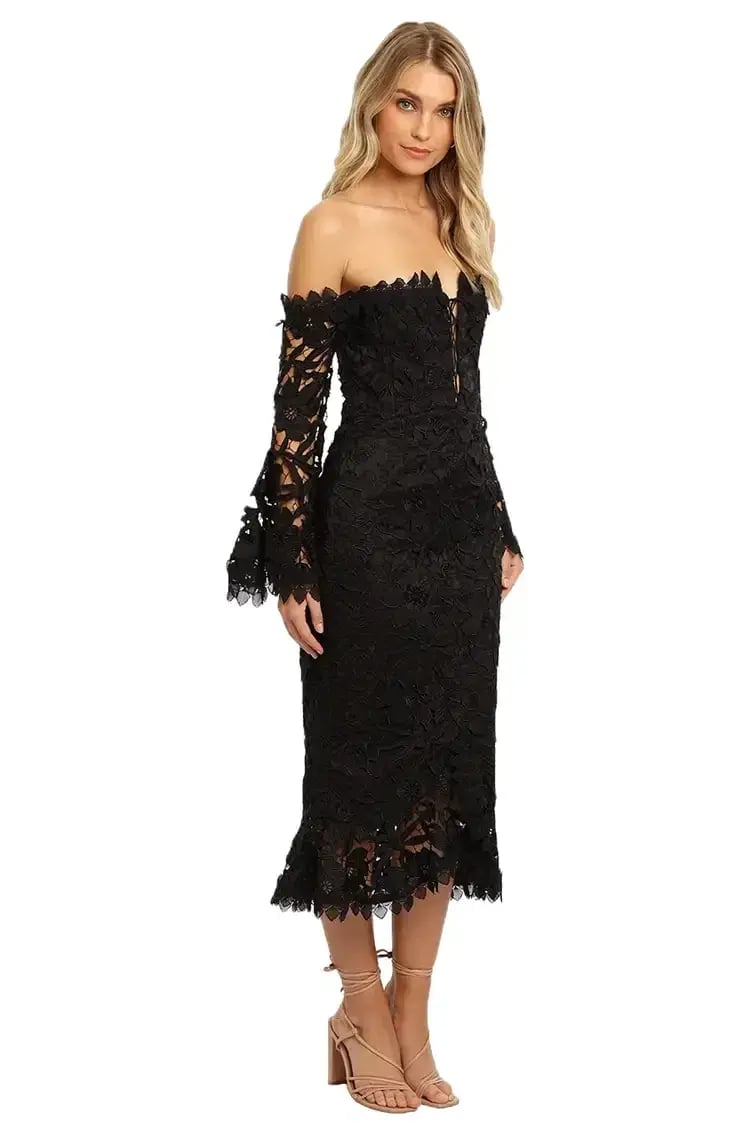 Nicholas Botanical Lace Cocktail Midi Dress in Black Size 8 photo 2