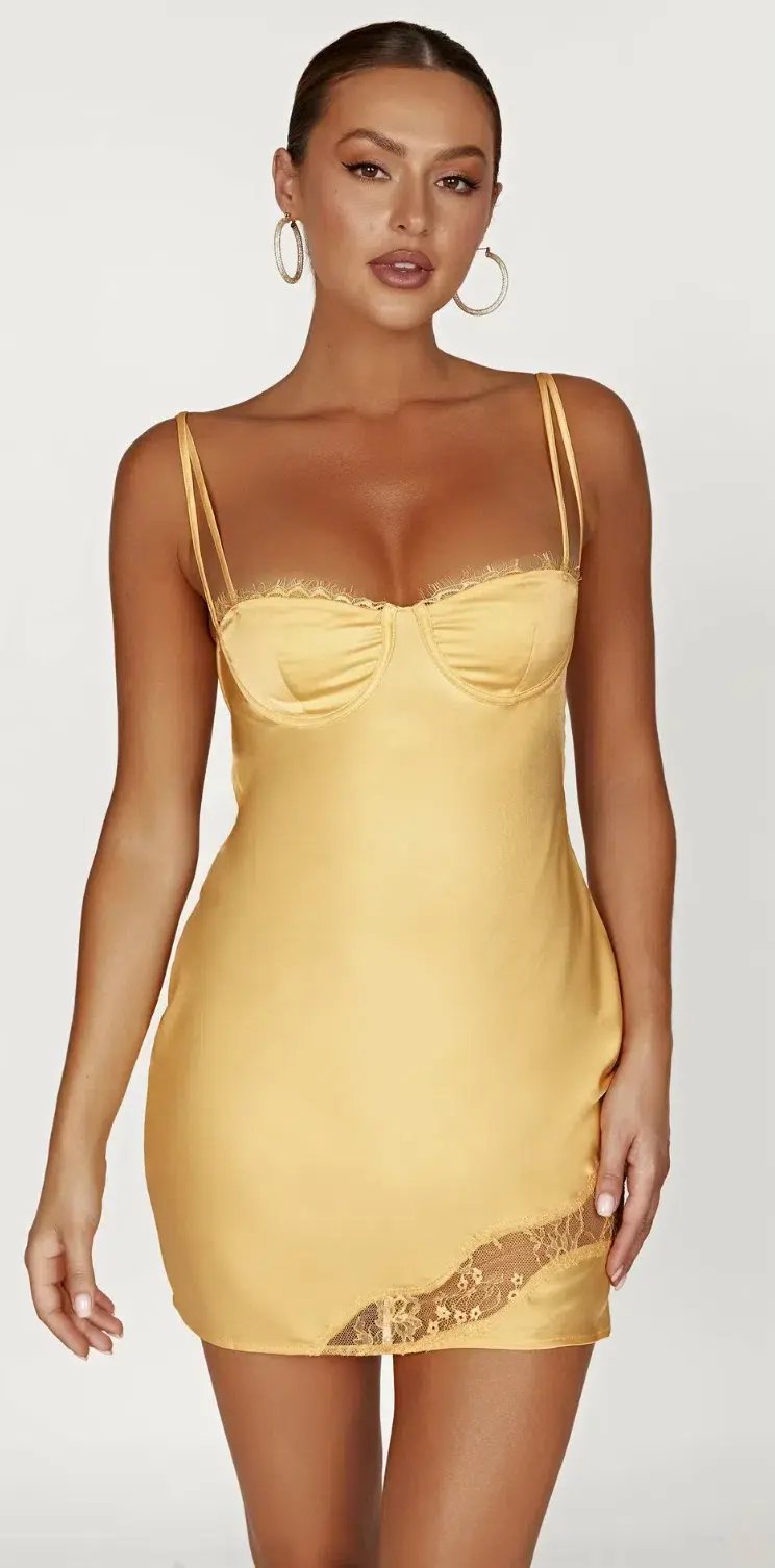 Meshki Joslyn Satin Lace Slip Mini Dress Yellow Size AU 6 photo 3