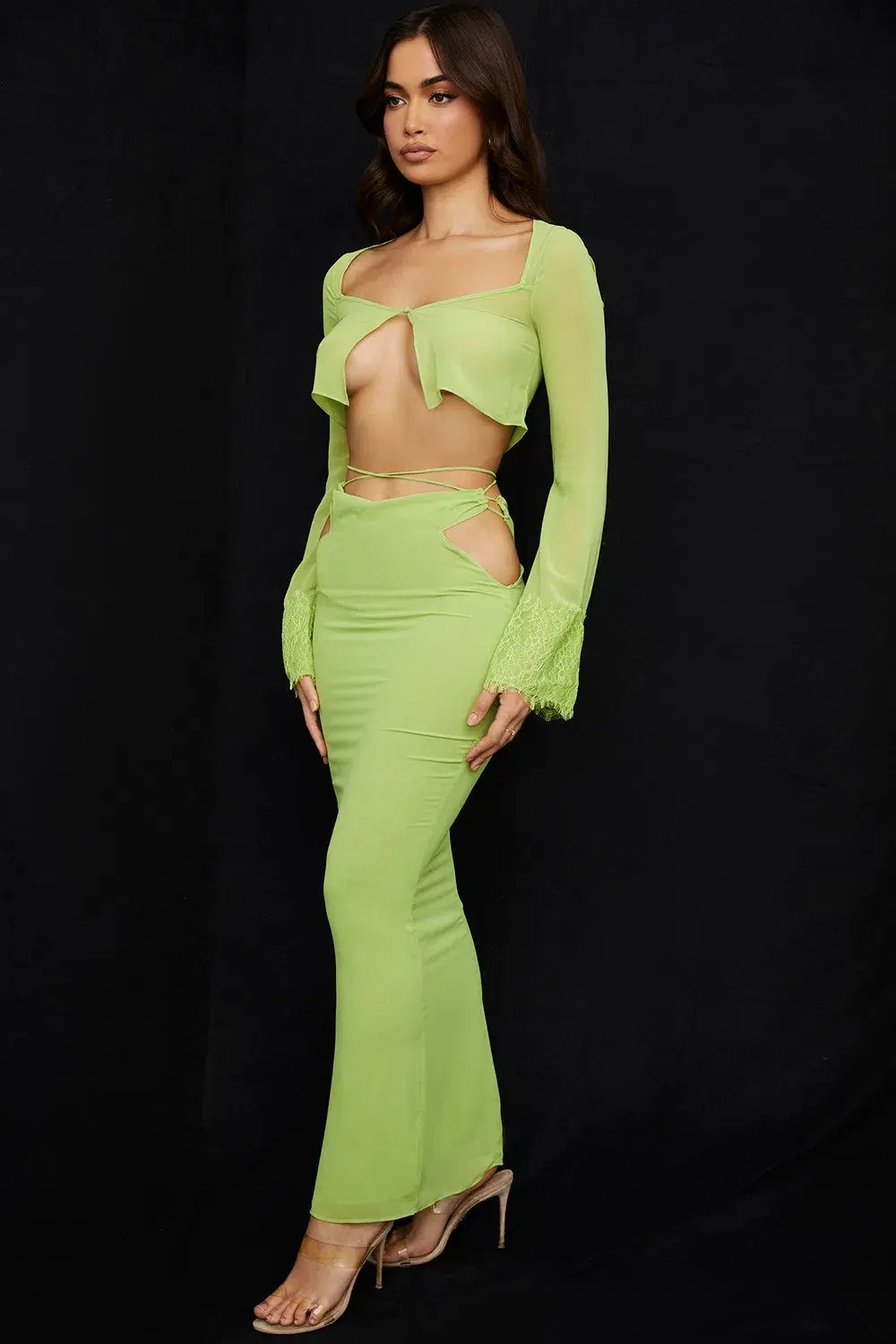 House of CB Tara Georgette Cropped Top Size M & Madeline Georgette Maxi Skirt Size L Set Lime Green photo 7