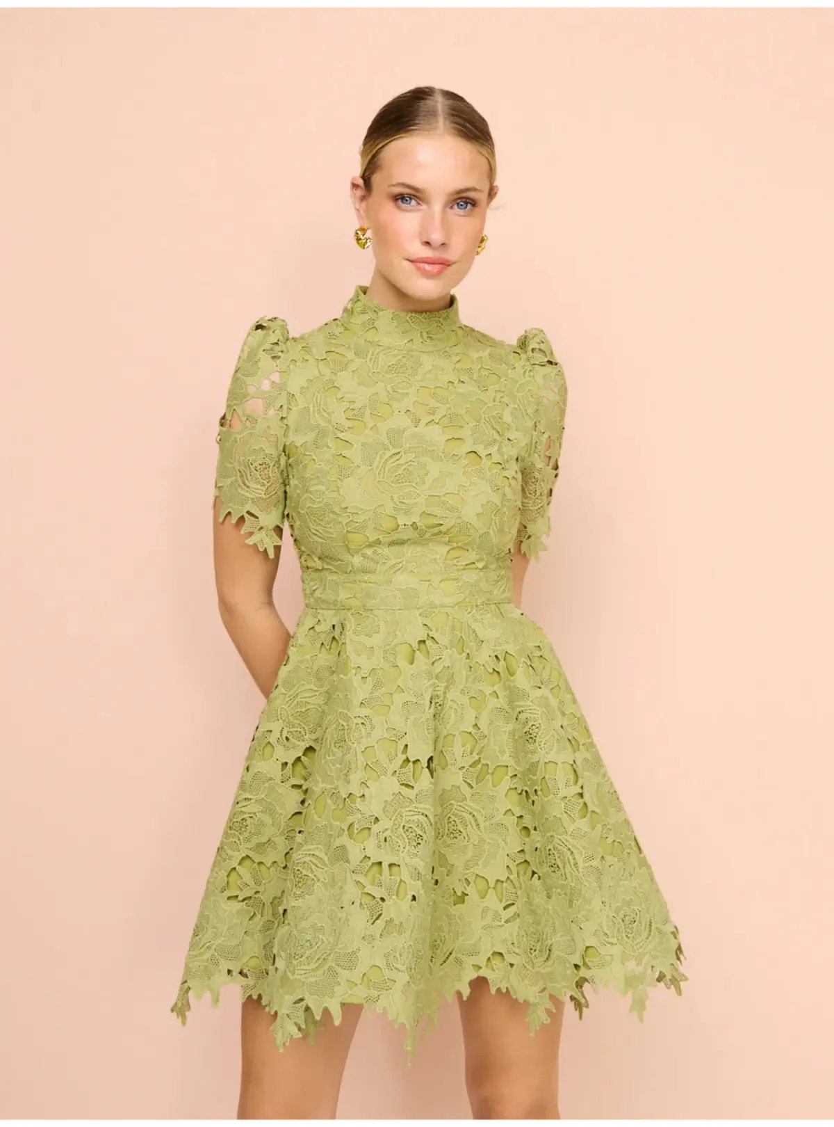 Leo Lin Elise Lace Short Sleeve Mini Dress in Olive Size AU 12 photo 3