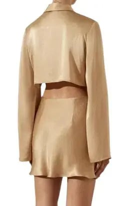 Shona Joy Gold Tie Front Cut out,Long flared Sleeve Dress Size 14 photo 2