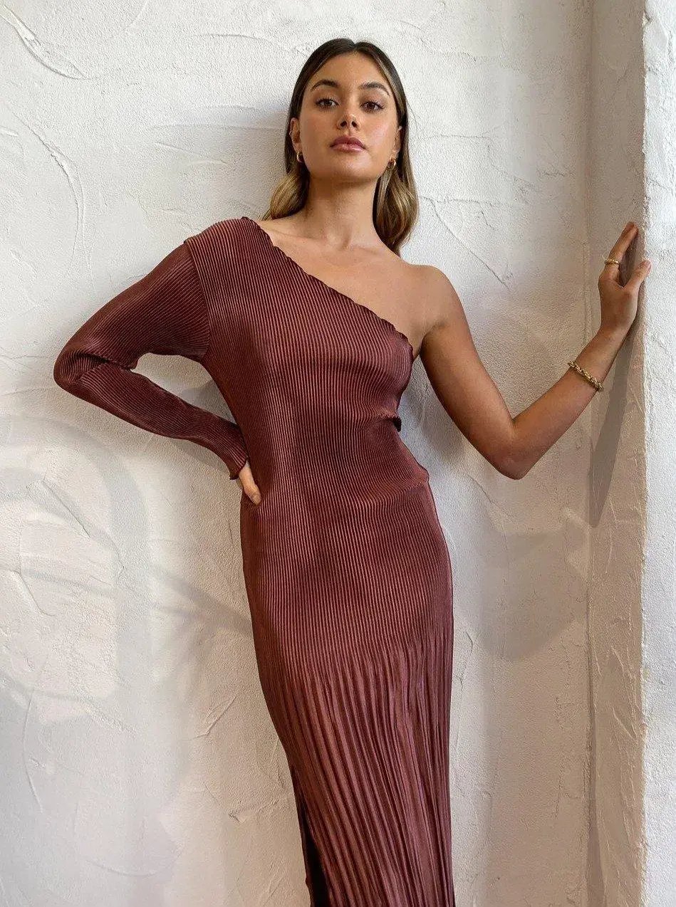 L'Idee Soiree One Shoulder Long Sleeve Midi Dress Brown Size 12 photo 2