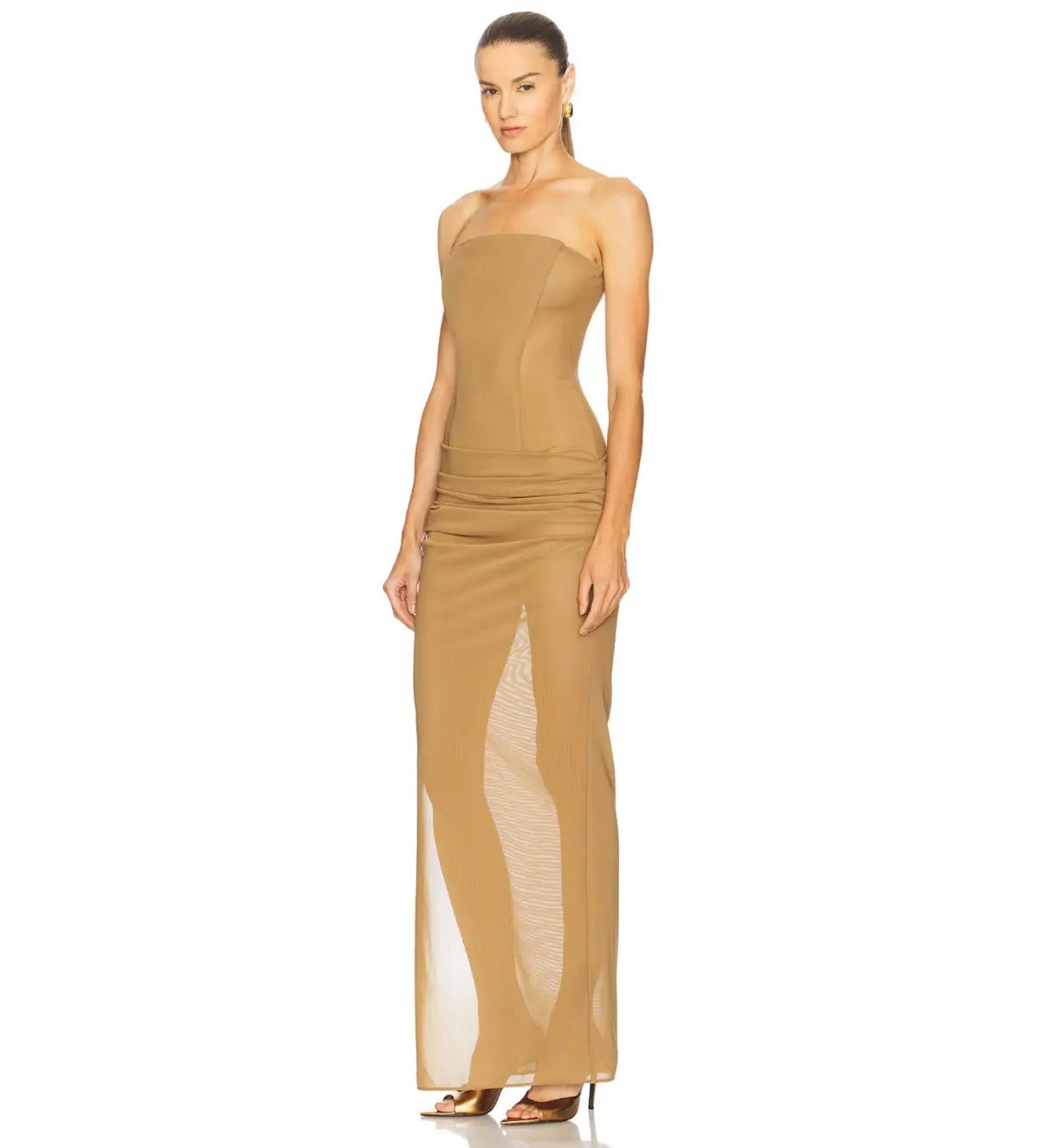 Alex Perry Strapless Longline Column in Stretch Mesh Maxi Dress Khaki Size AU 10 photo 2