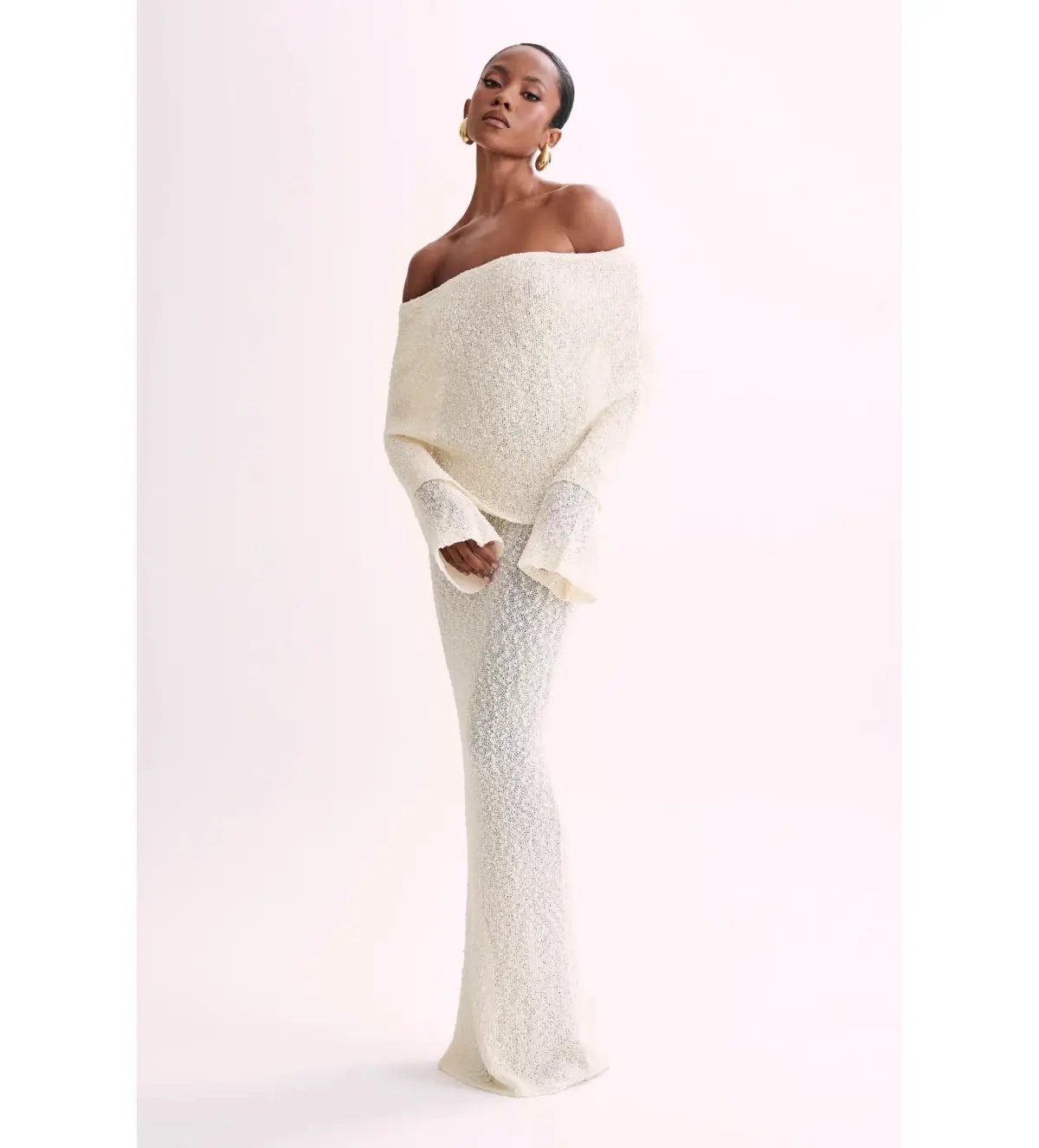 MESHKI Marisol Off Shoulder Boucle Maxi Dress Ivory Size M AU 10 photo 3