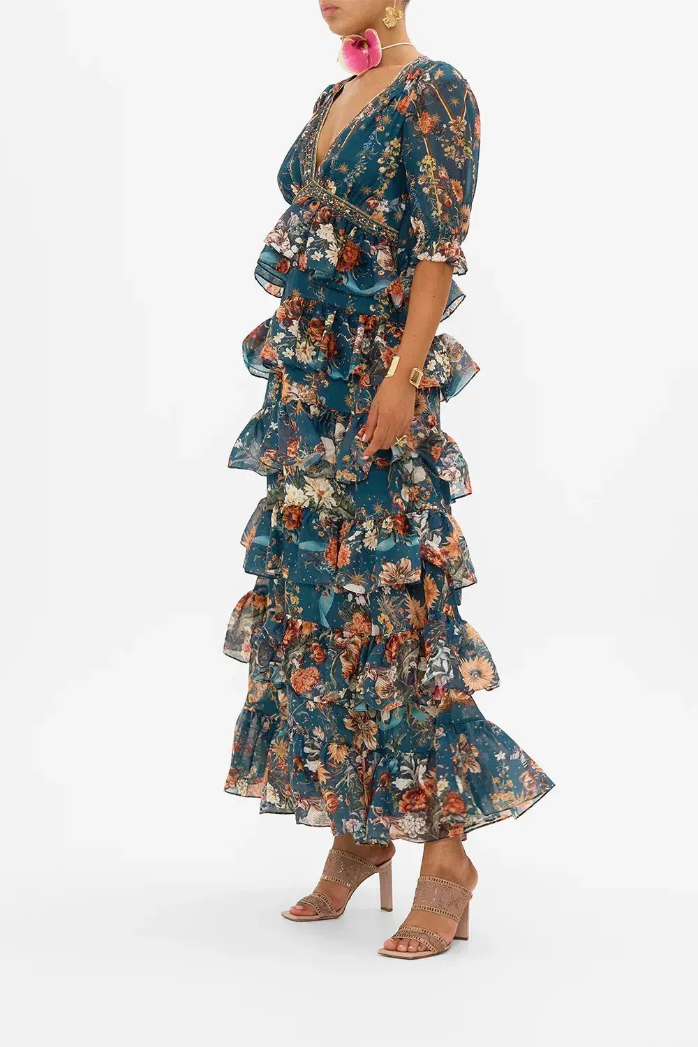 Camilla She Who Wears the Crown Puff Sleeve Tiered Long Dress Floral Size S (AU 10) photo 2