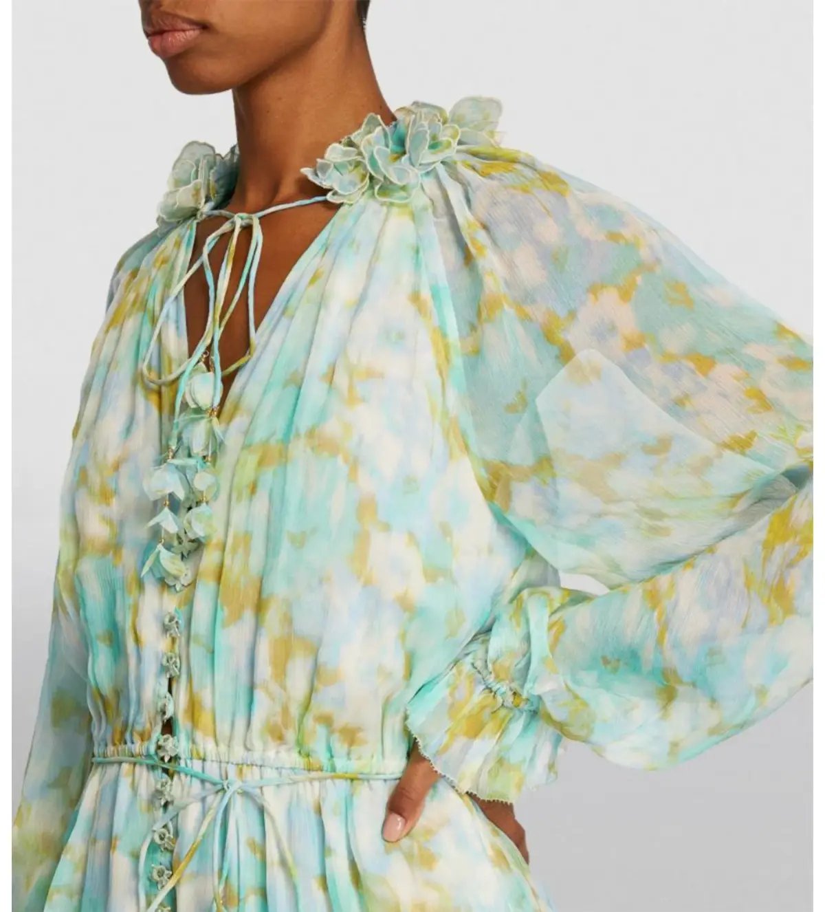 Zimmermann High Tide Flutter Embellished Floral-Print Silk-Crepon Playsuit Green Size 1/AU 8 photo 2