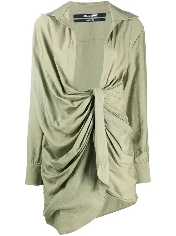 Jacquemus La Robe Bahia Draped Shirt Mini Dress in Sage Green Size 6 photo 4