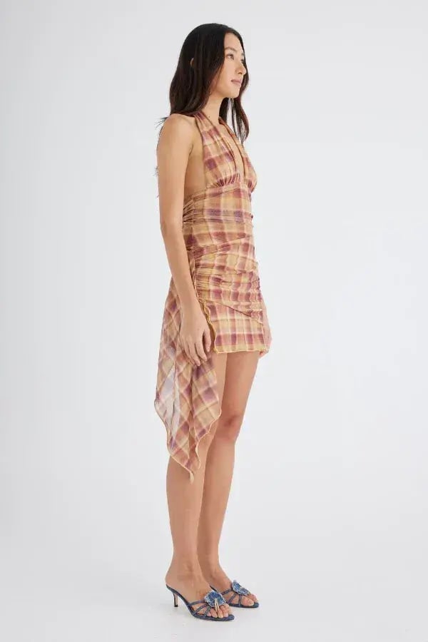 Benni Penelope Halter Mini Dress Toffee Check Size AU 6 photo 3