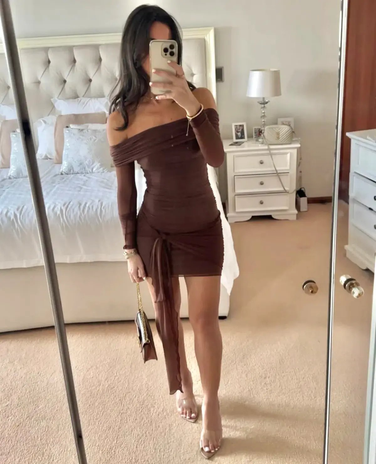Benni Yasmin Off Shoulder Mini Dress Cacao Brown Size XS / AU 6 photo 3