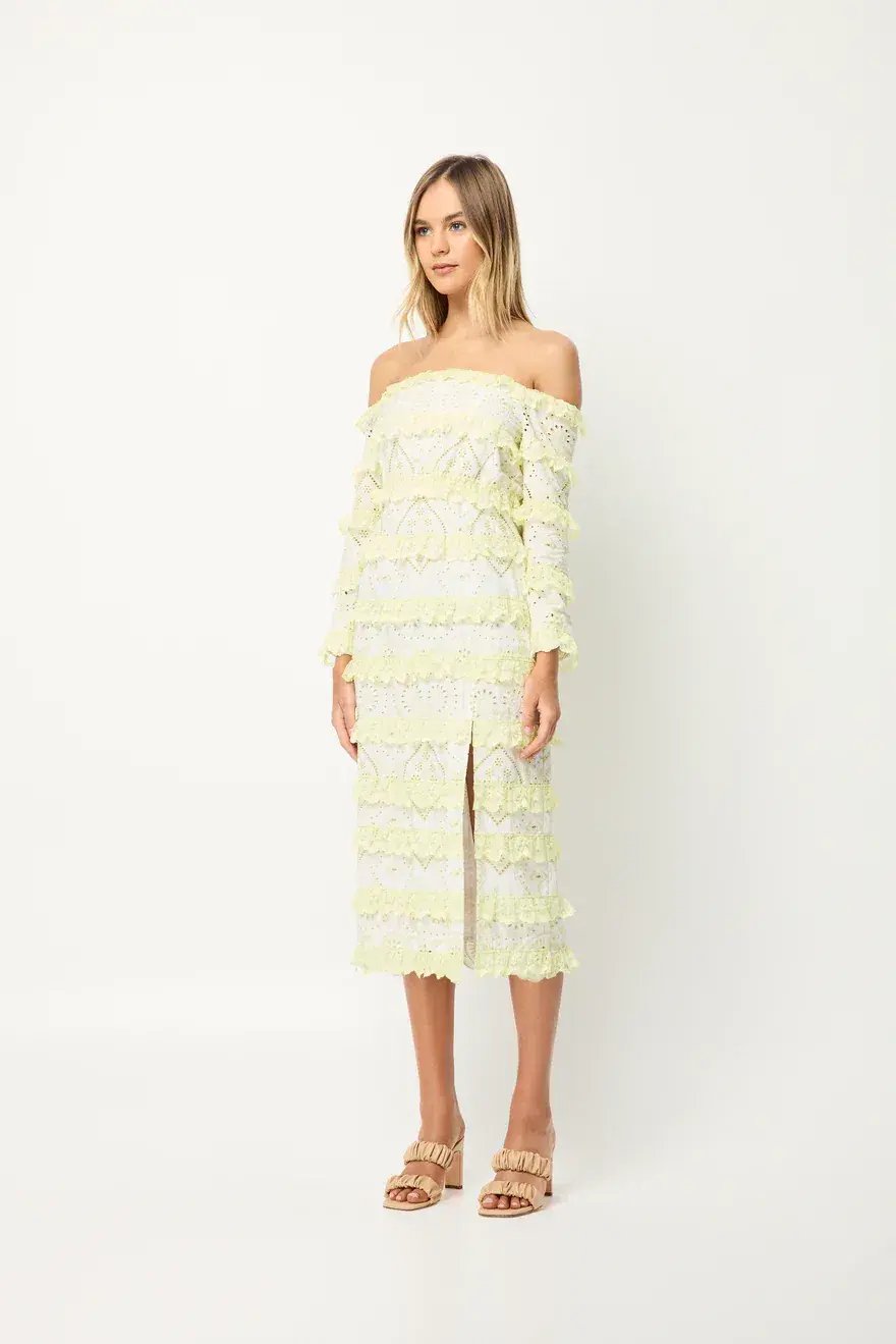 Elliatt Saint Lucia Midi Dress In Ivory/Citrus Size M/ AU 10 photo 5