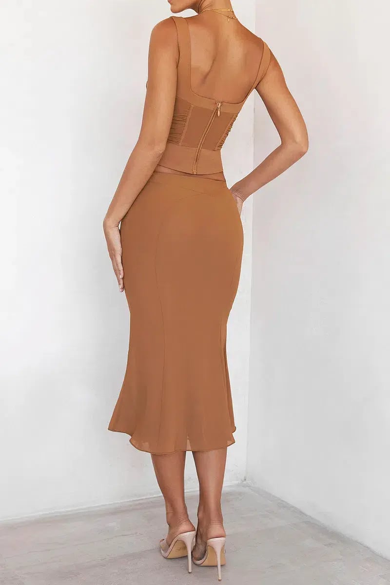 House of CB Mistress Rocks Caramel Gathered Corset & Midi Skirt Set Brown Size XS / AU 6 photo 6