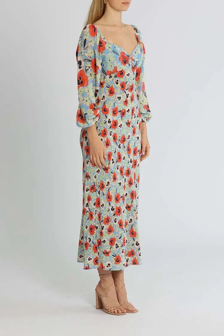 Rixo London Gio Neckline Midi Dress Blue Multi Print Size 14 photo 2