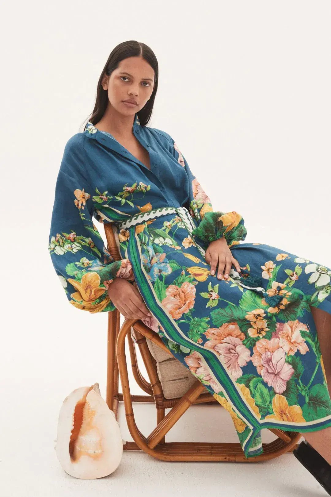 Alemais Lyla Midi Shirtdress Blue Linen Long Sleeve Button Down Floral Navy Size AU 10 photo 4