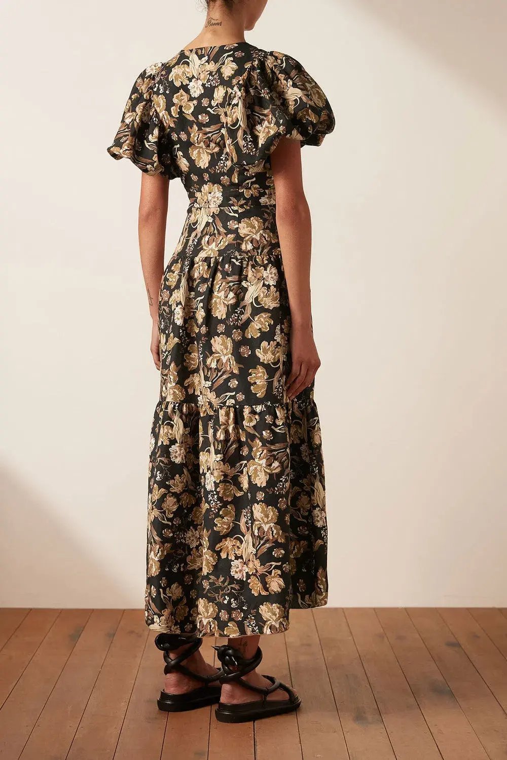 Shona Joy Linen Plunged Short Sleeve Midi Dress Palermo Print Size 12 photo 3
