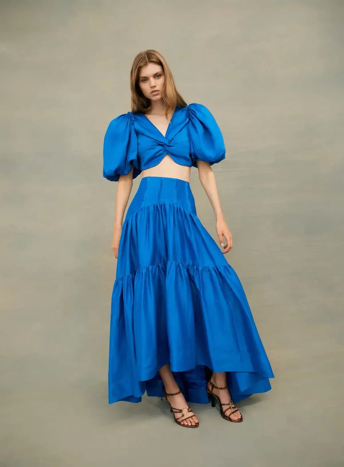 Aje Reverb Gathered Midi Skirt & Reverb Puff Sleeve Cropped Top Set Blue Size 4 photo 4