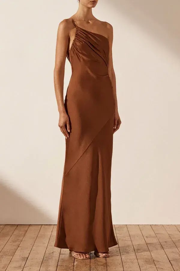 Shona Joy Luxe Asymmetrical Gathered Maxi Dress in Mocha Size 8 photo 2
