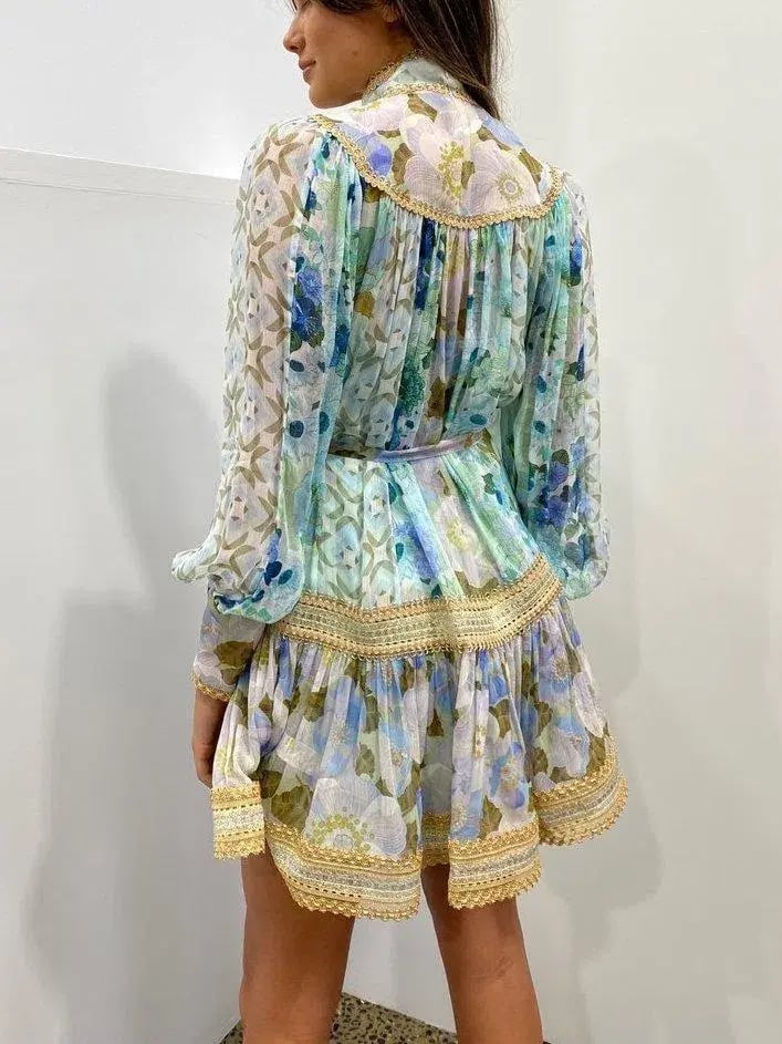 Zimmermann Rhythm Trimmed Billow Mini Dress Aqua Mixed Print Size 8 photo 2