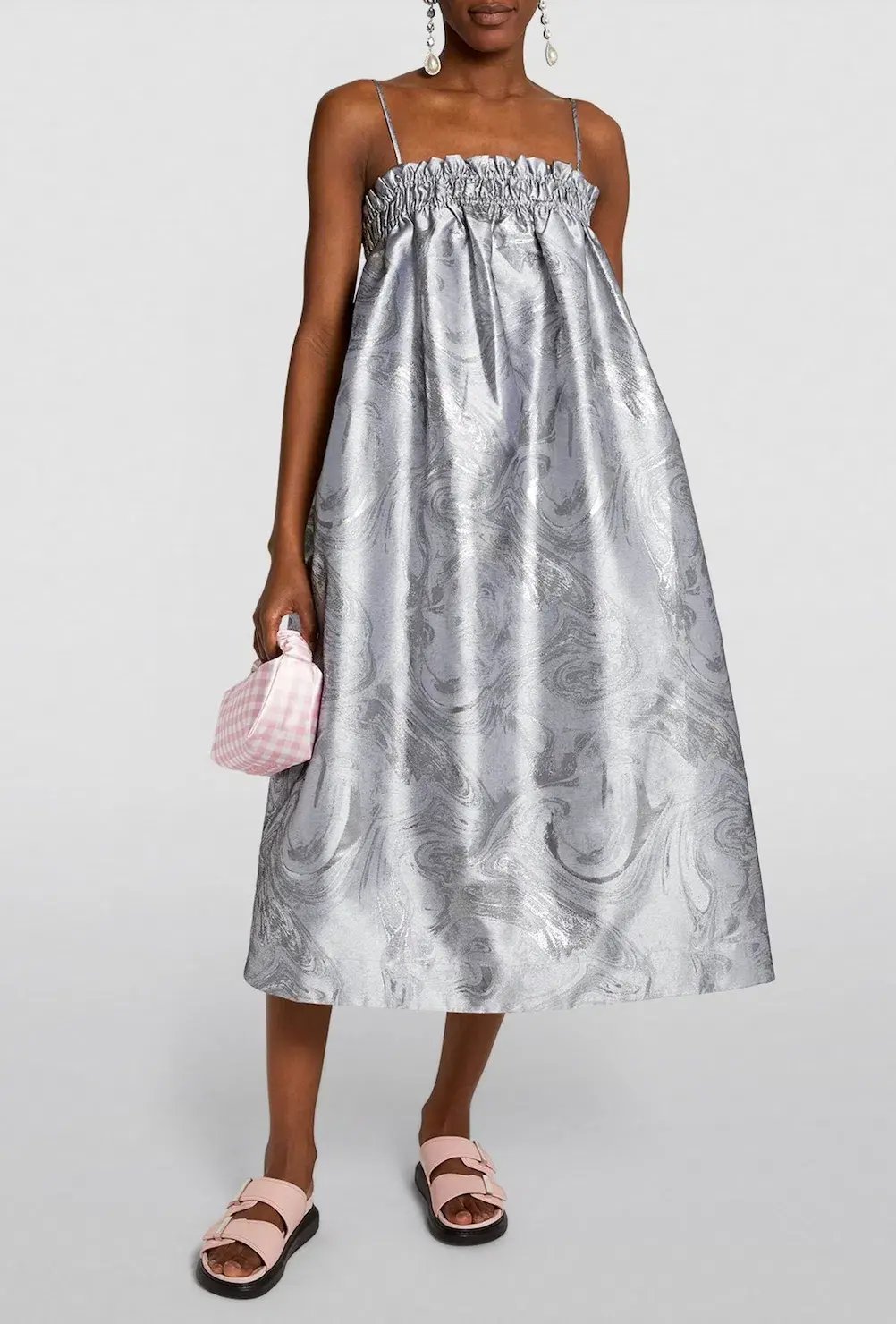 Ganni Shiny Jacquard Strap Dress Sliver Metallic Size 10 photo 2
