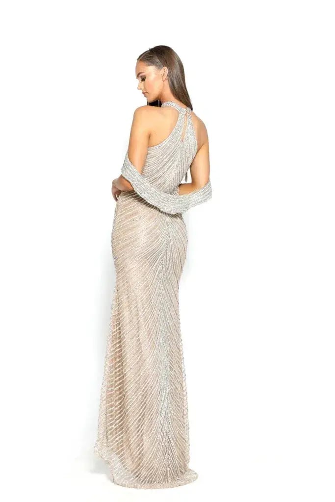 Portia and Scarlett Embellished Halter Gown Silver Nude Size 6 photo 2