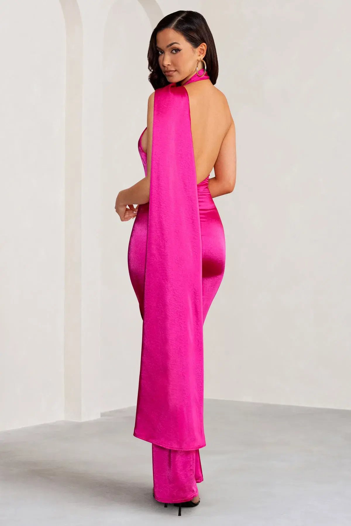 Club L London Asymmetric Scarf Neck Backless Maxi Dress Hot Pink Size 8 photo 3
