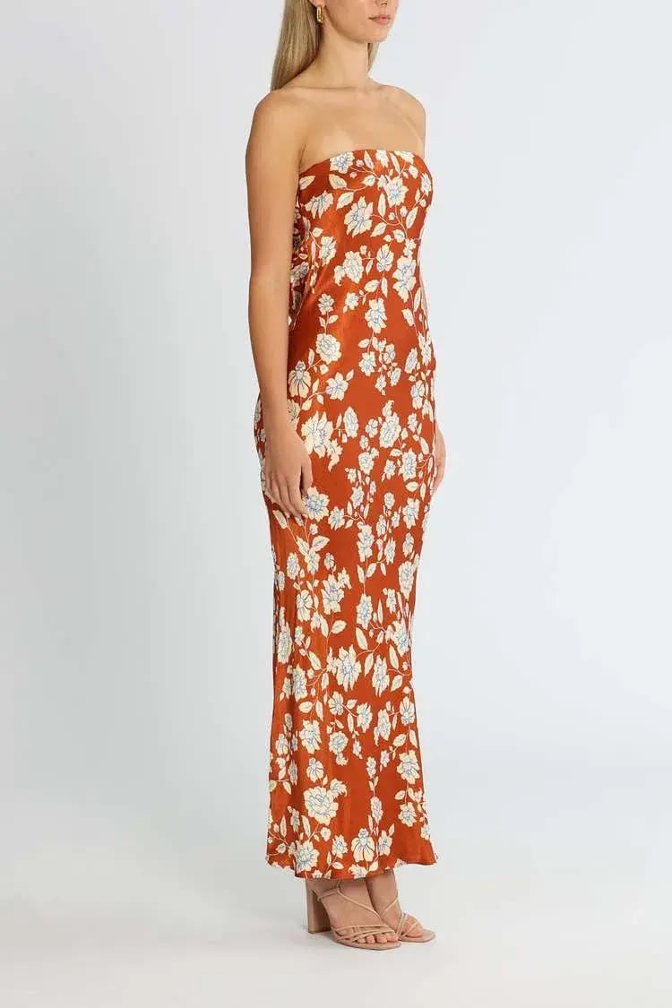 Bec & Bridge Blossom Strapless Maxi Dress Rust Print Size 12 photo 2