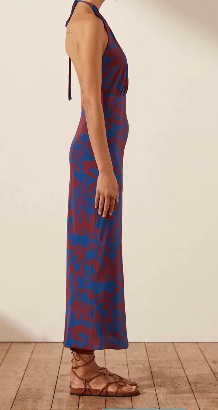 Shona Joy Vida Silk Cross Front Halter Bias Midi Dress Strong Blue Deep Wine Size AU 6 photo 5