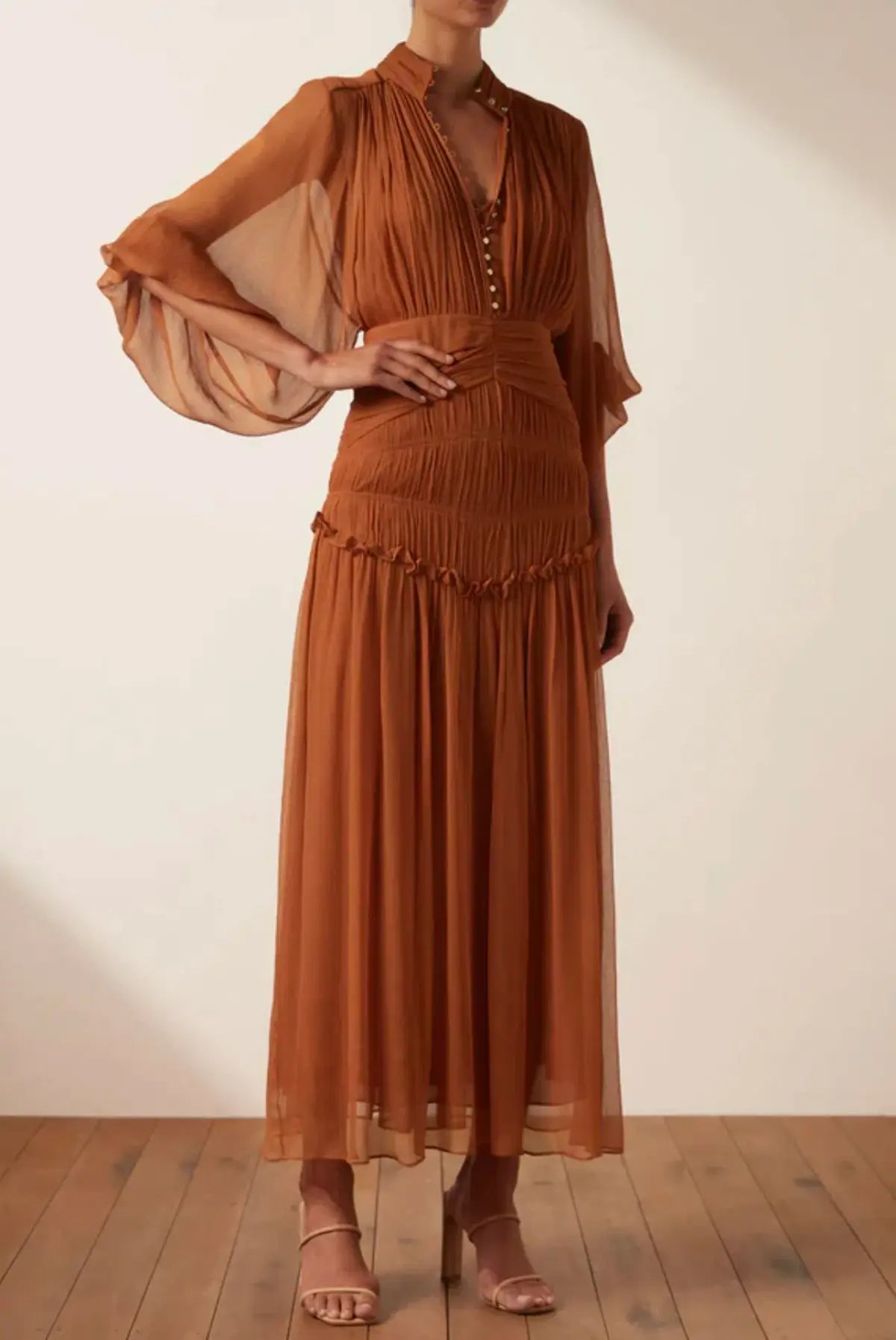 Shona Joy Noemi Button Up Ruched Midi Dress in Siena Brown Size 16 photo 2