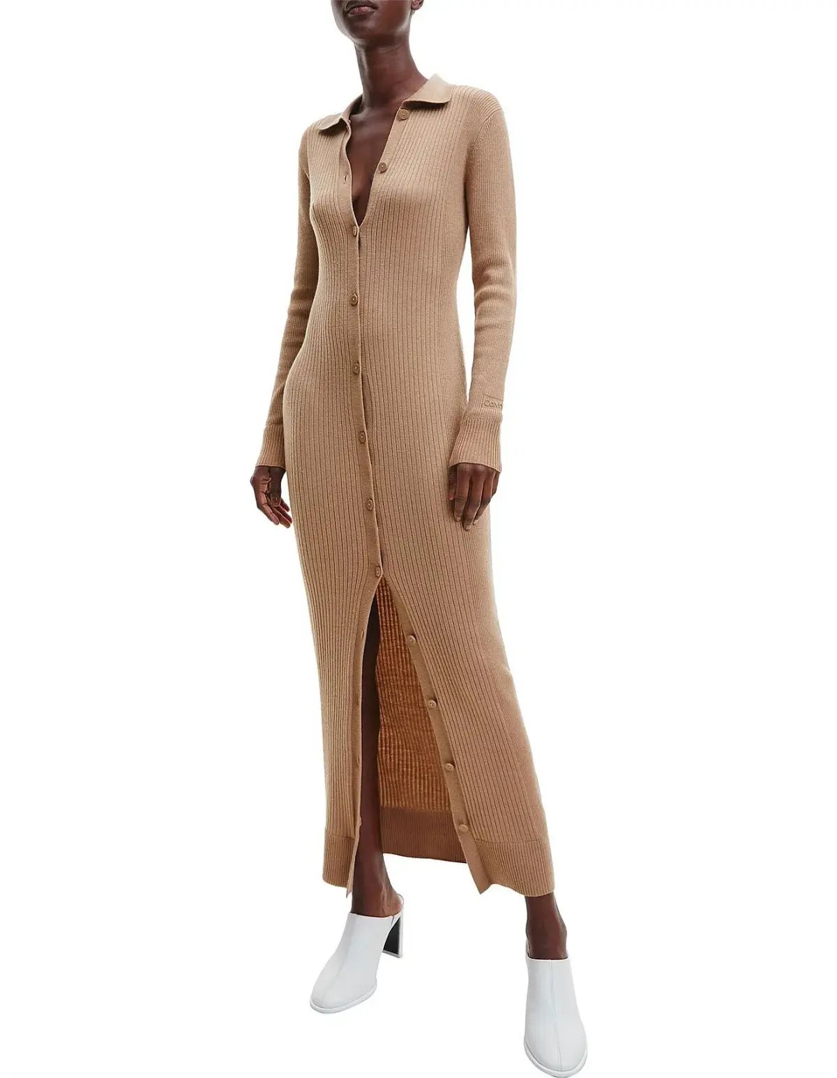 Calvin Klein Wool Tencel Rib Midi Dress Safari Canvas Size 10 photo 2