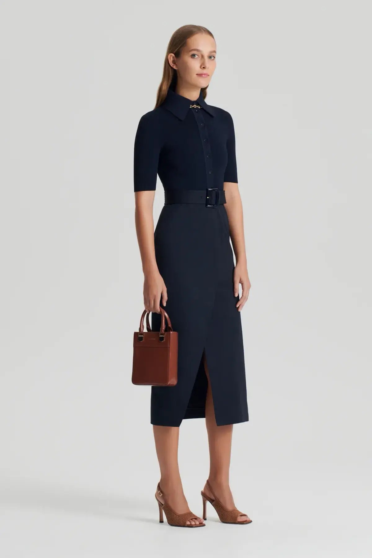 Scanlan Theodore Crepe Knit Pencil Cotton Dress Navy Size 12 photo 2