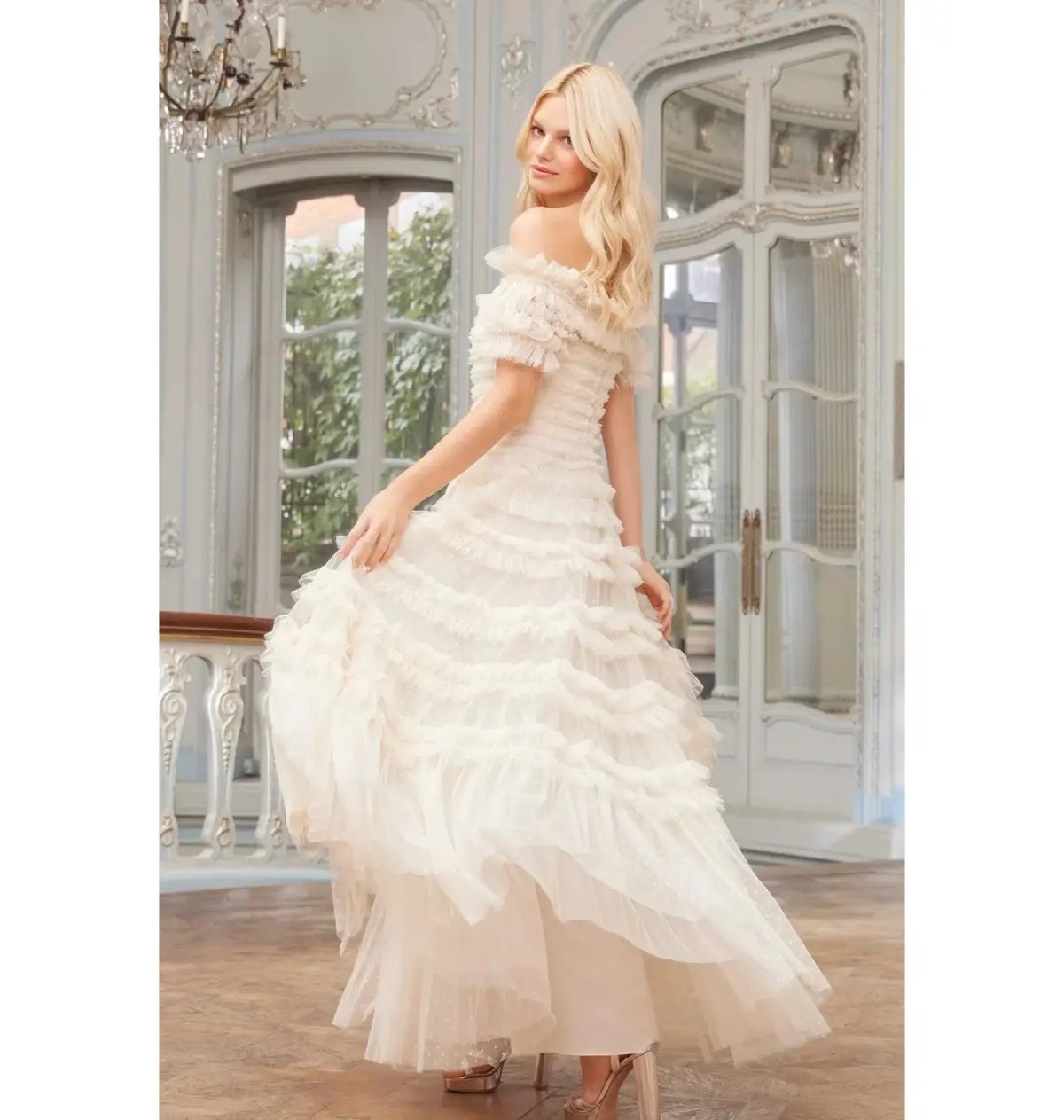 Needle and Thread Lisette Ruffle Off Shoulder Gown Champagne Size 6 photo 5