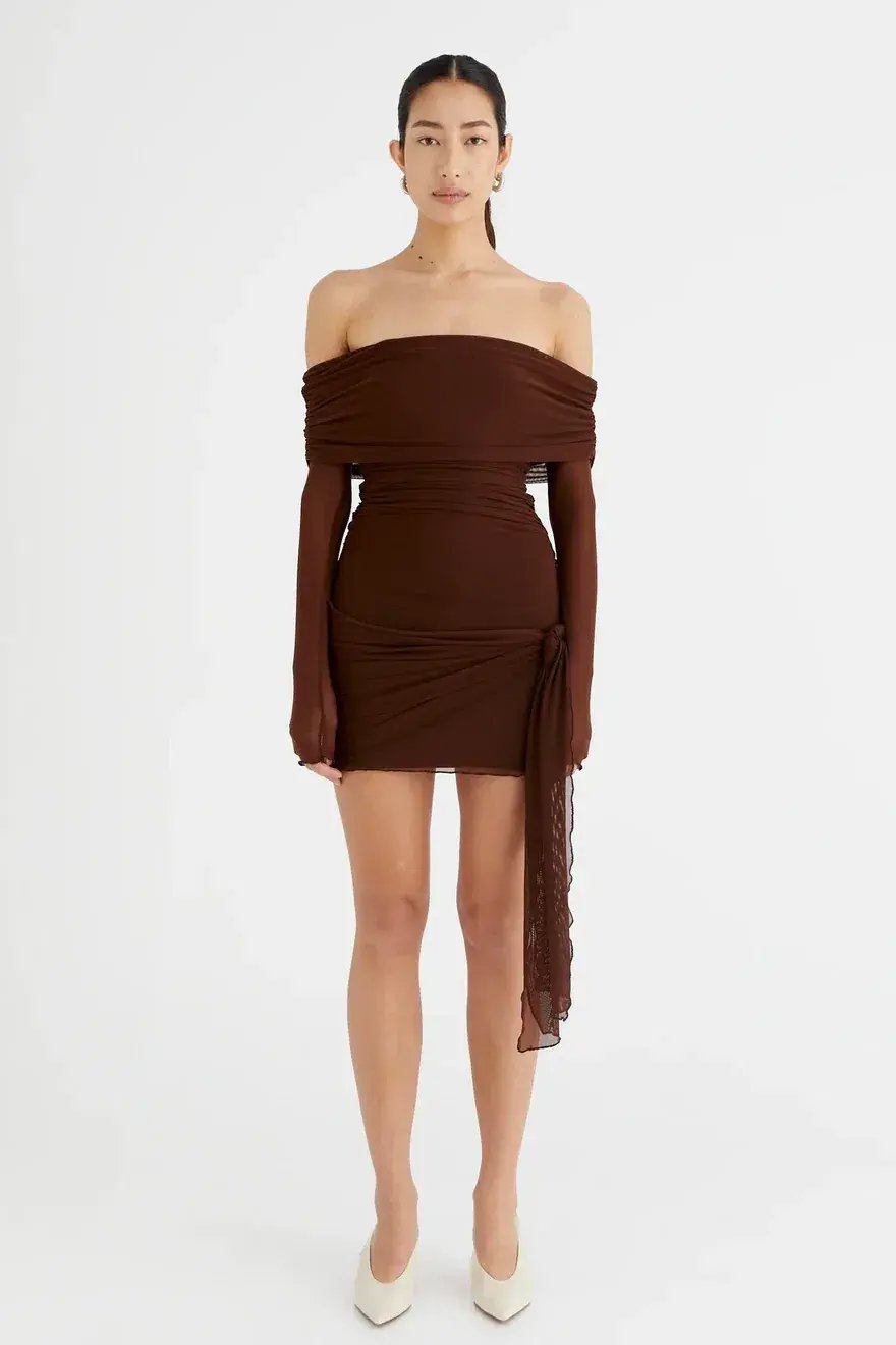 Benni Yasmin Off Shoulder Mini Dress Cacao Brown Size XS / AU 6 photo 4