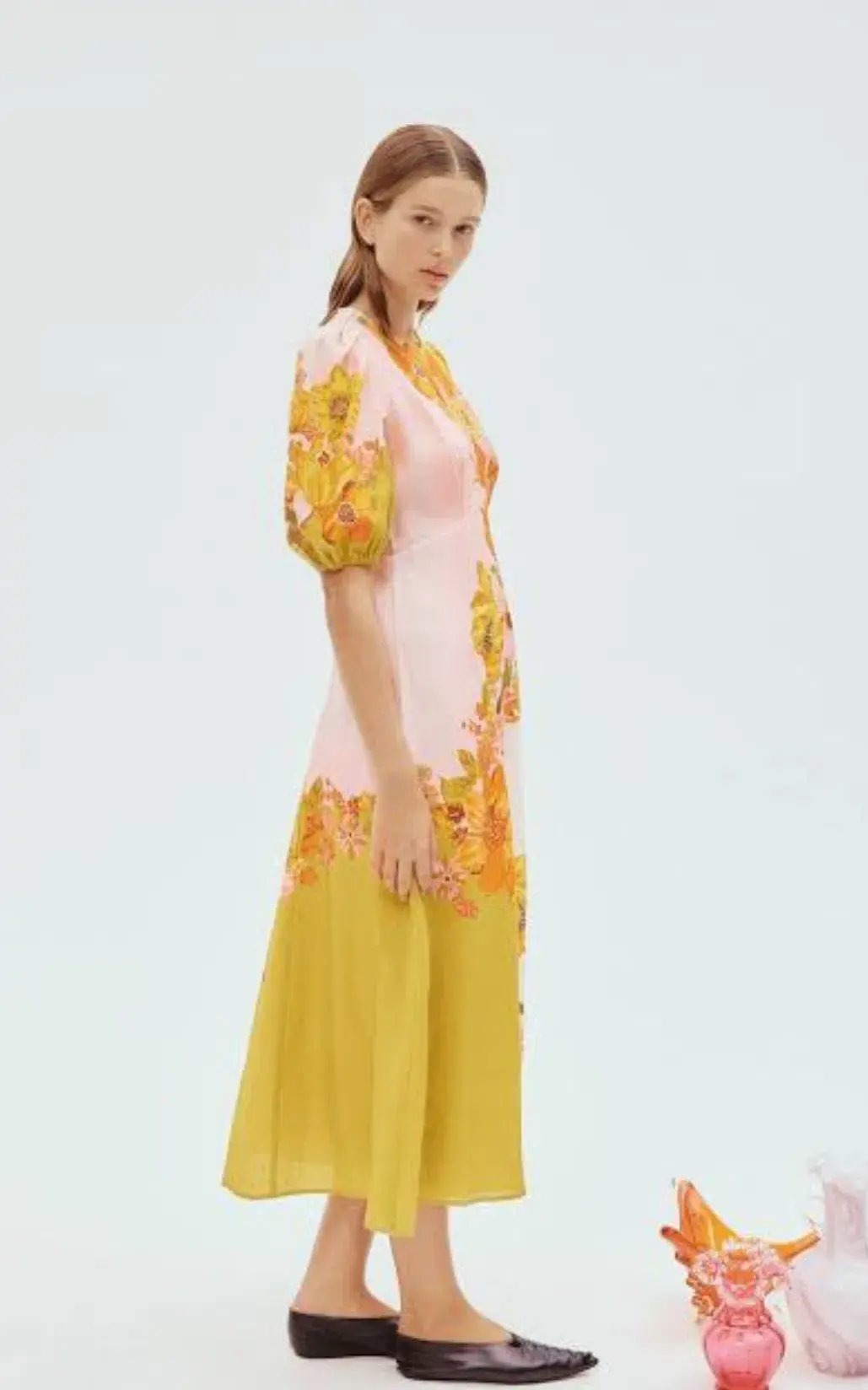 Alemais Silas Floral Linen Midi Dress in Green Size AU 14 photo 2