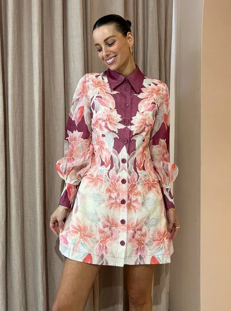 Leo Lin Luminous Silk Linen Mini Dress in Orient Print in Hibiscus Pink Size 10 photo 2