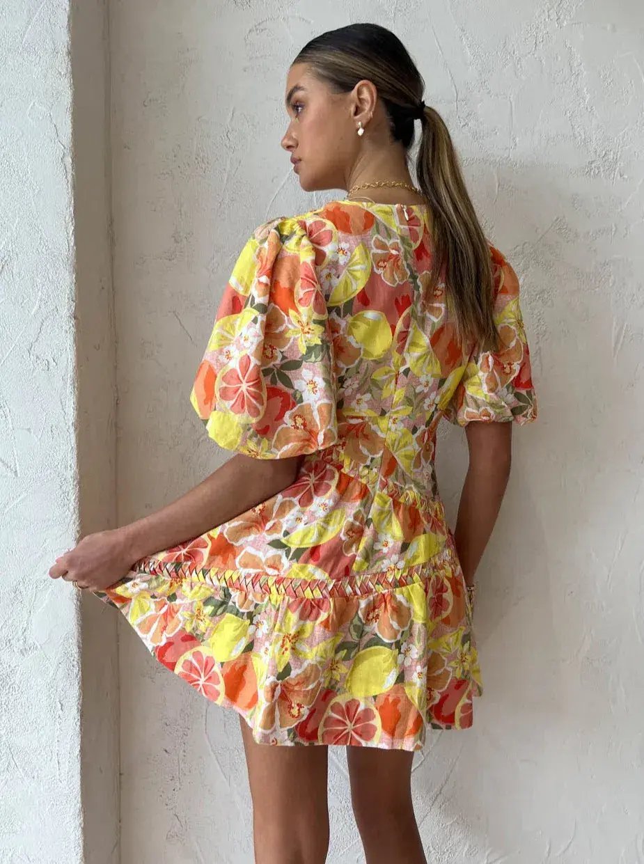 By Nicola Sol Puff Sleeve Mini Dress In Citrus Print Size 10 photo 4