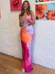 WITH HARPER LU STRAPLESS SLIP MAXI DRESS ABSTRACT ART SIZE XS Aus6-8 photo 2