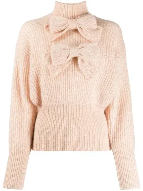 Zimmermann Bow Embellished Ribbed Mohair Blend Turtleneck Sweater Blush Size 0 / AU 8 photo 3