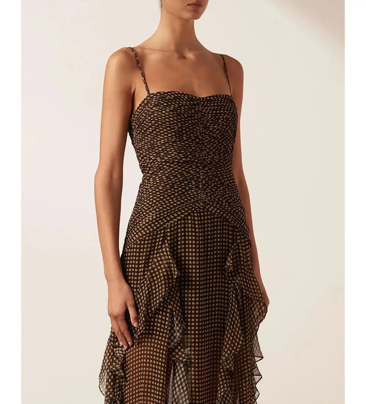 Shona Joy Sofia Ruched Frill Maxi Dress Brown Size AU 10 photo 4