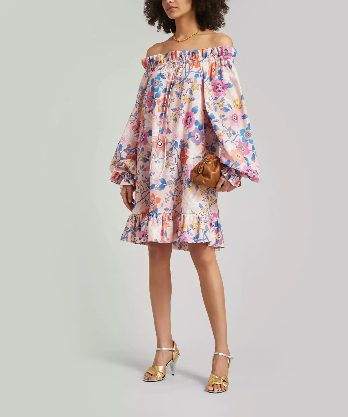 The Vampire’s Wife Mini Mob Off Shoulder Floral Print Slub Linen And Cotton Blend Dress in Baby Pink Size AU 10 photo 2