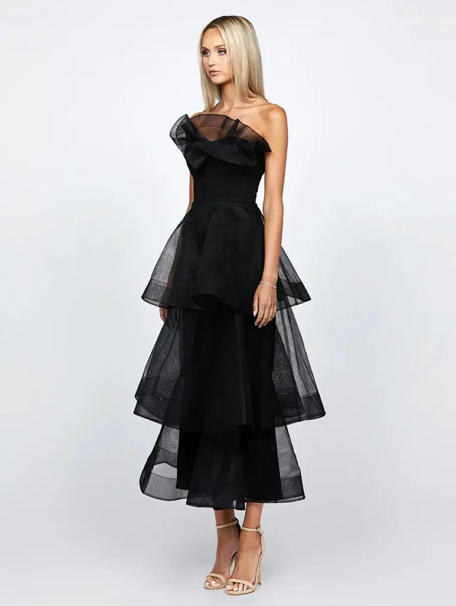 Barino Kascade Tiered Ruffle Midaxi Midi Black Size AU 10 photo 3