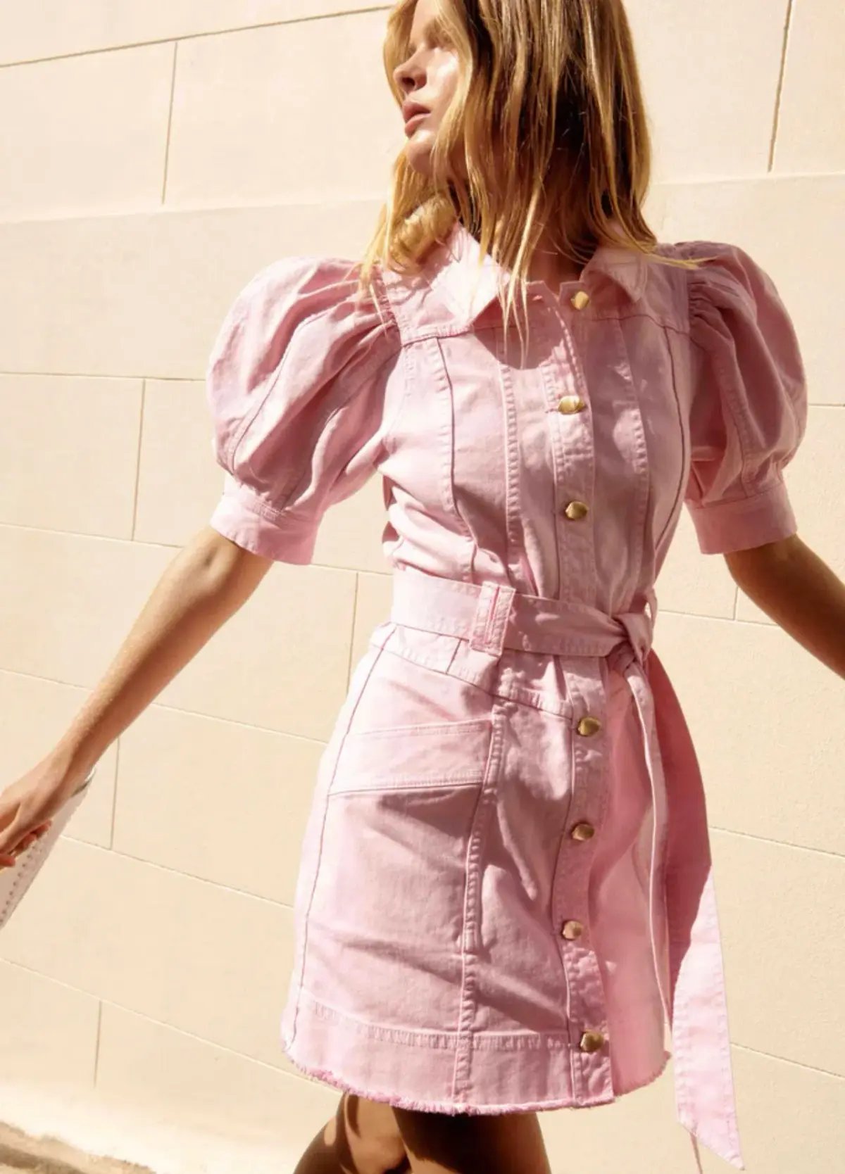 AJE Flora Denim Puff Sleeve Mini Dress Bon Bon Pink Size 14 photo 6